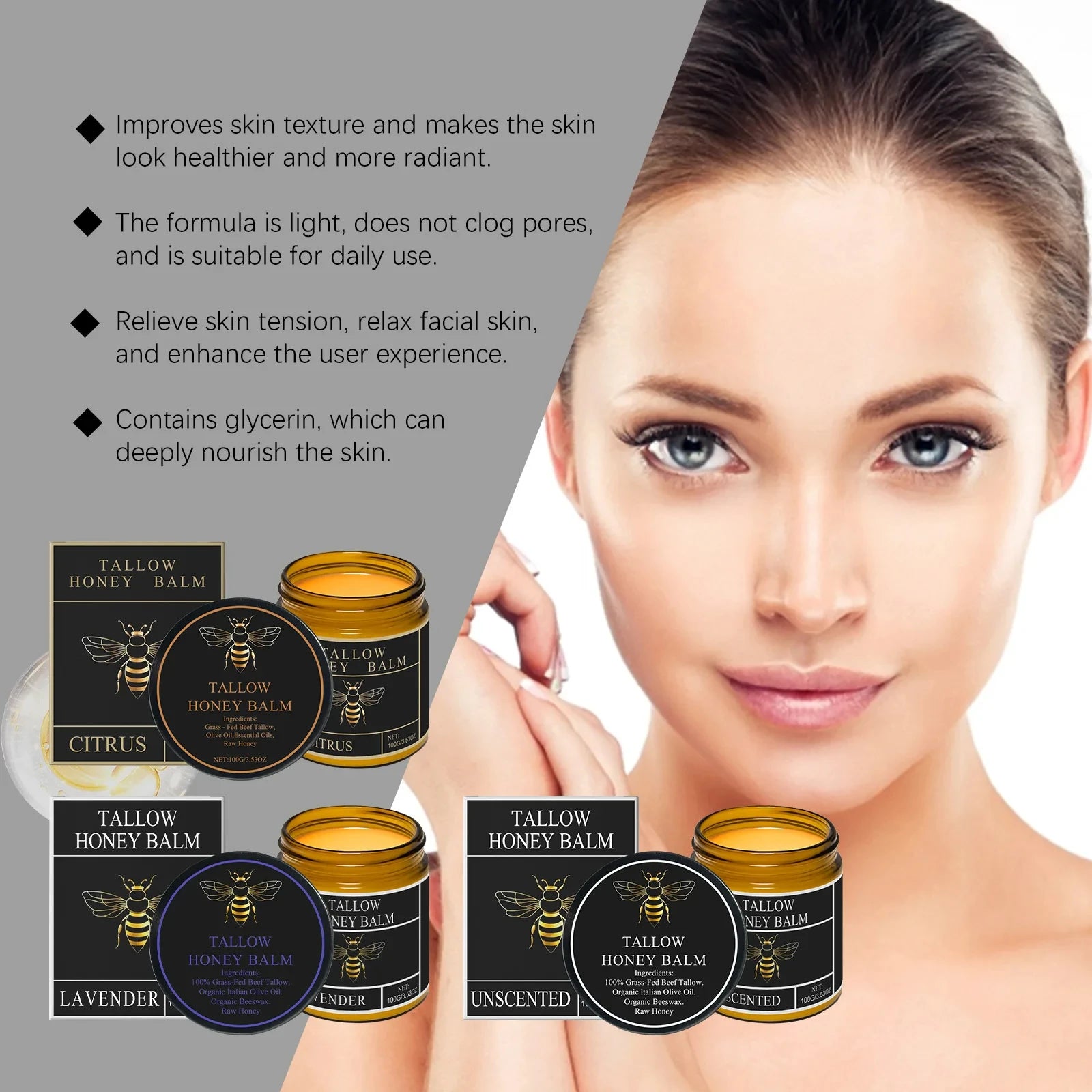 Tallow Honey Balm Firming Nourishing & Hydrating Skin Care Smoothing Soothe Skin Improves Elasticity Tallow Honey Moisturizer